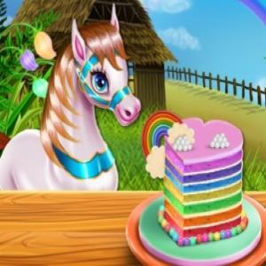 Pony, der Regenbogenkuchen kocht